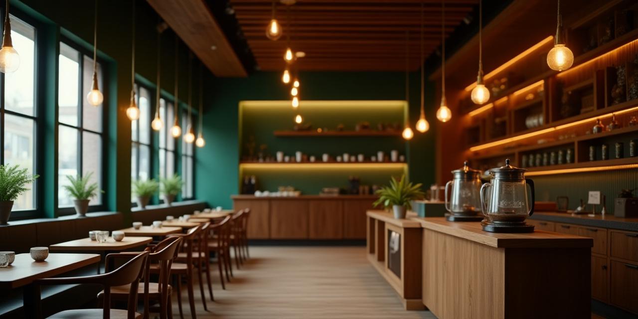 Modern tea shop interior with wooden acoustic baffles and soft lighting