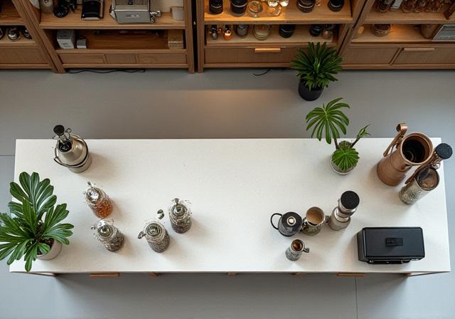 Overhead diagrammatic view of a tea shop bar layout highlighting staff movement paths