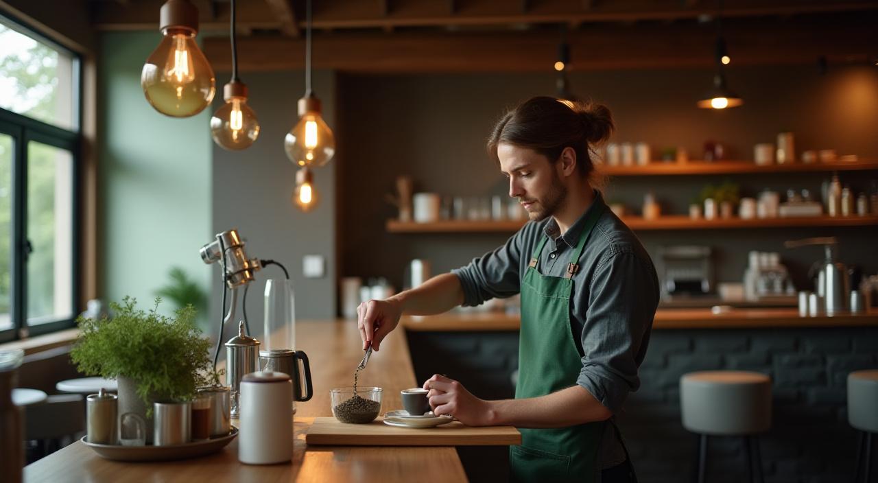 Professional barista working in a high-efficiency tea and coffee bar
