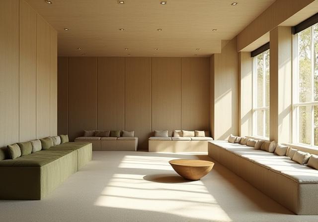 Zen modern cafe interior with acoustic panels