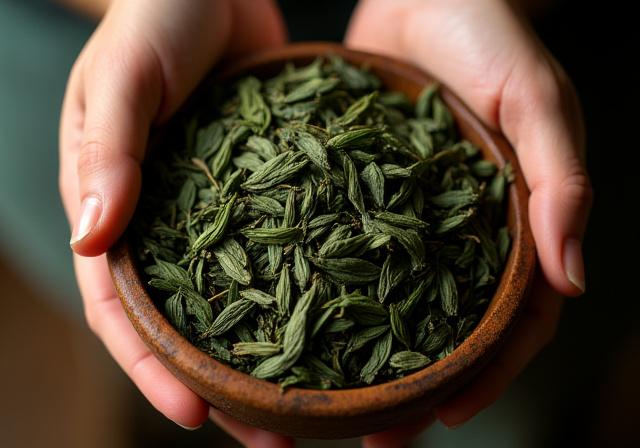 Hand-picked whole leaf green tea in a wooden bowl