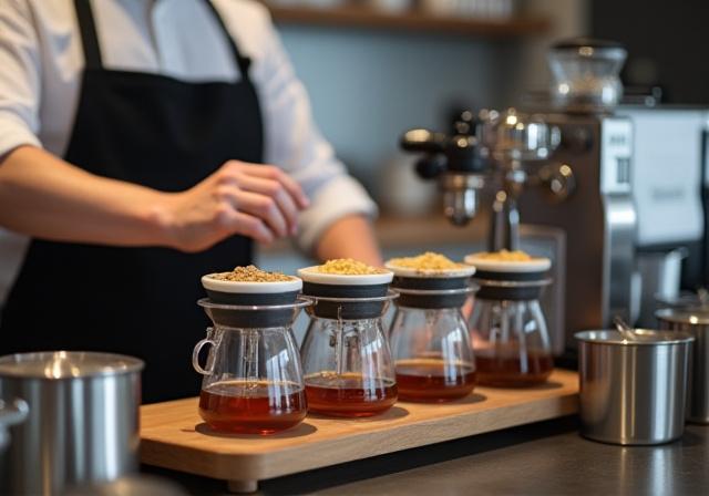Barista efficiently preparing tea with precise equipment