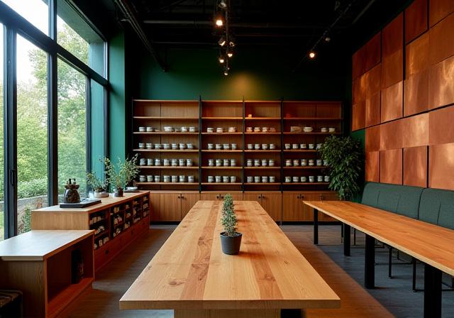 Artisanal tea consulting space with high ceilings and wood finishes