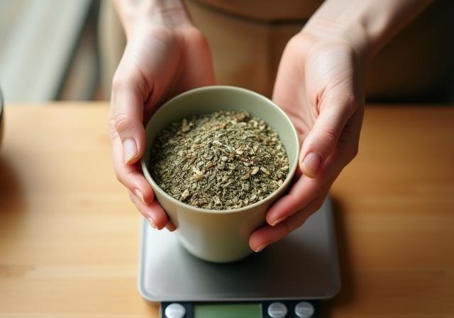 Close up of artisanal loose leaf tea being measured on a precision scale