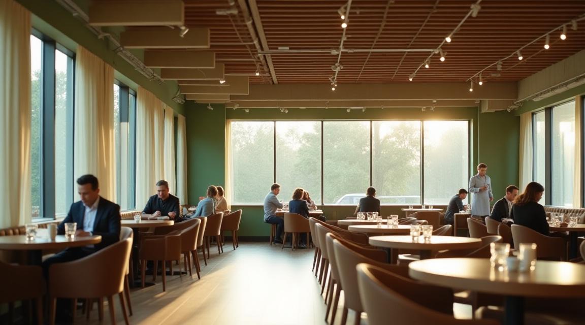A serene cafe interior with elegant acoustic panels and customers enjoying tea in a cozy atmosphere