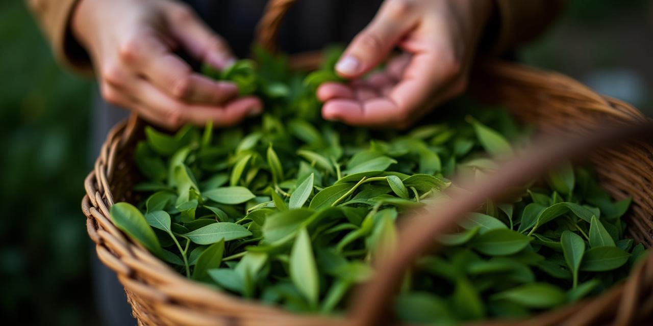 Close-up of weathered hands sorting freshly picked green tea leaves in a wicker basket