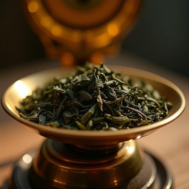 Macro shot of loose leaf tea being measured on a vintage brass scale