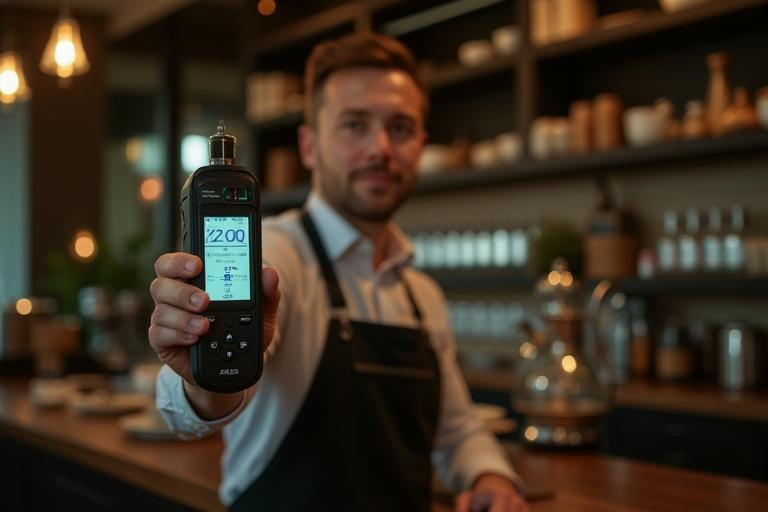 Consultant checking acoustics in a busy tea shop using professional equipment